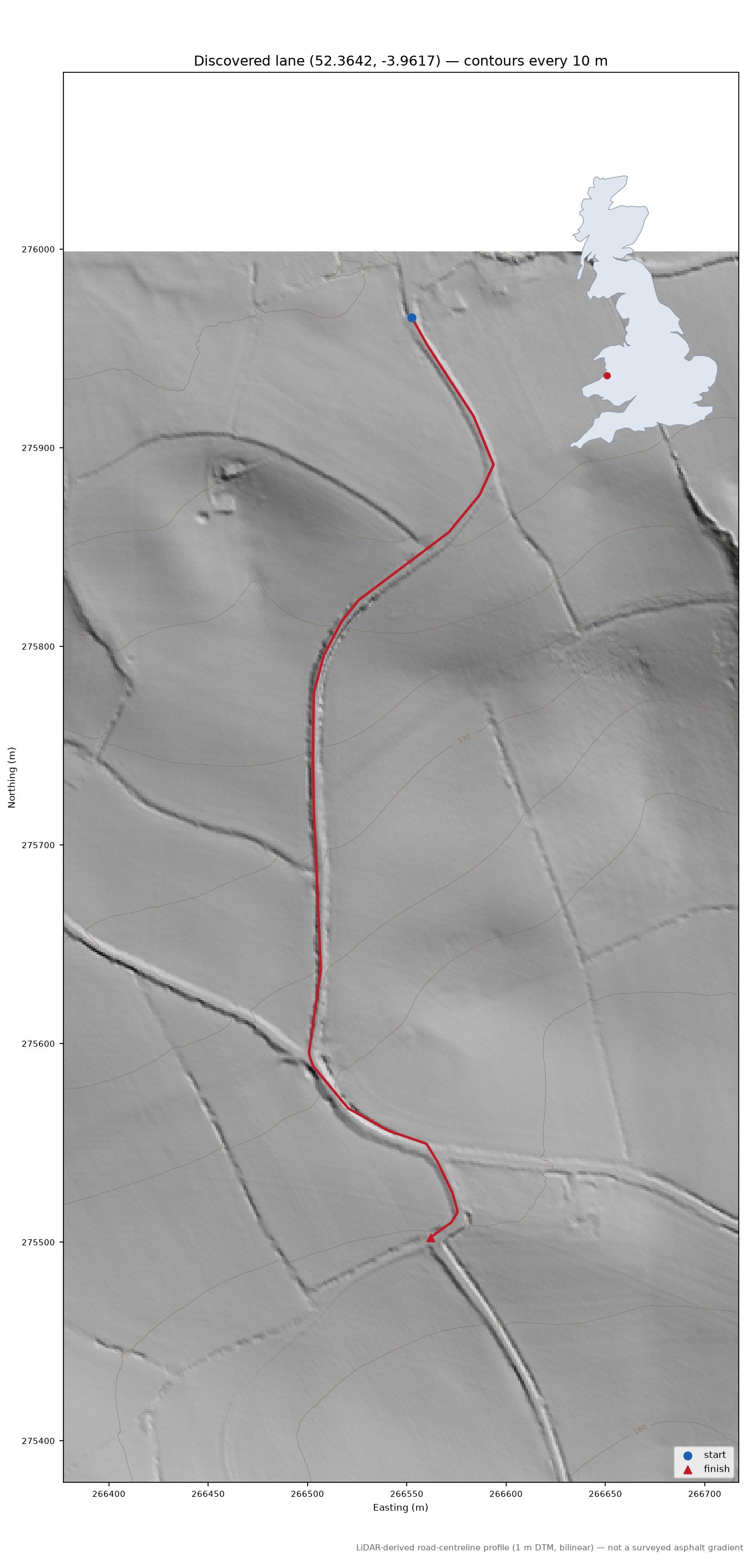 Lane near Llanfihangel-y-Creuddyn LiDAR hillshade map with contours