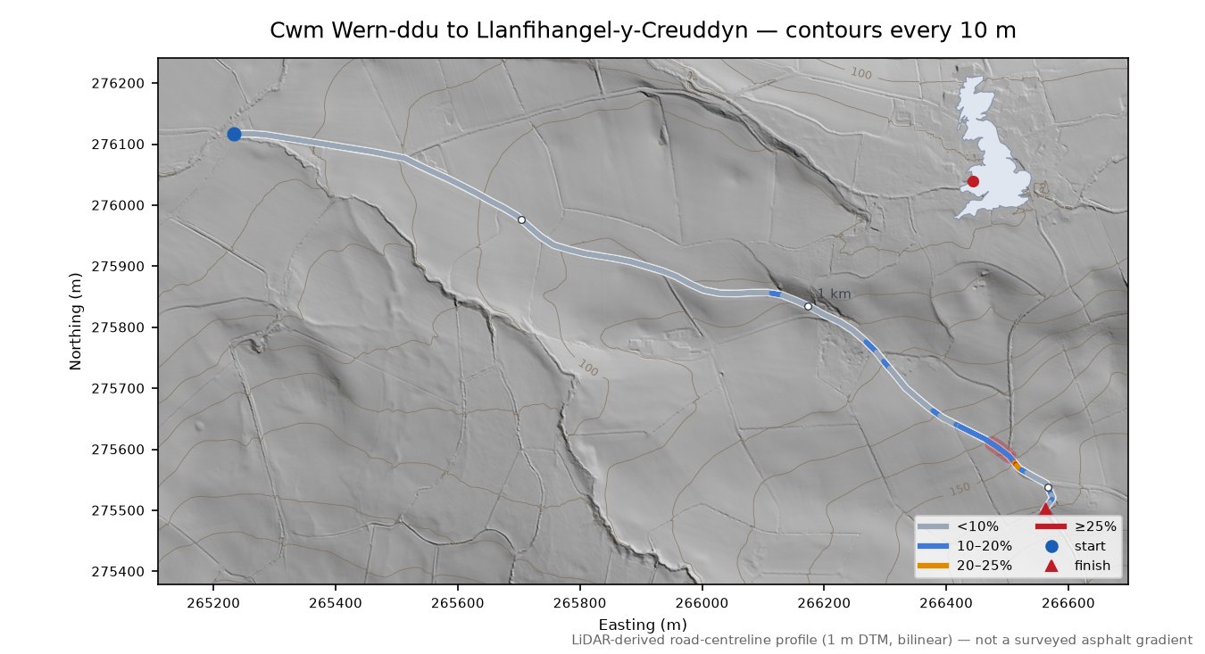 Cwm Wern-ddu to Llanfihangel-y-Creuddyn LiDAR hillshade map with contours