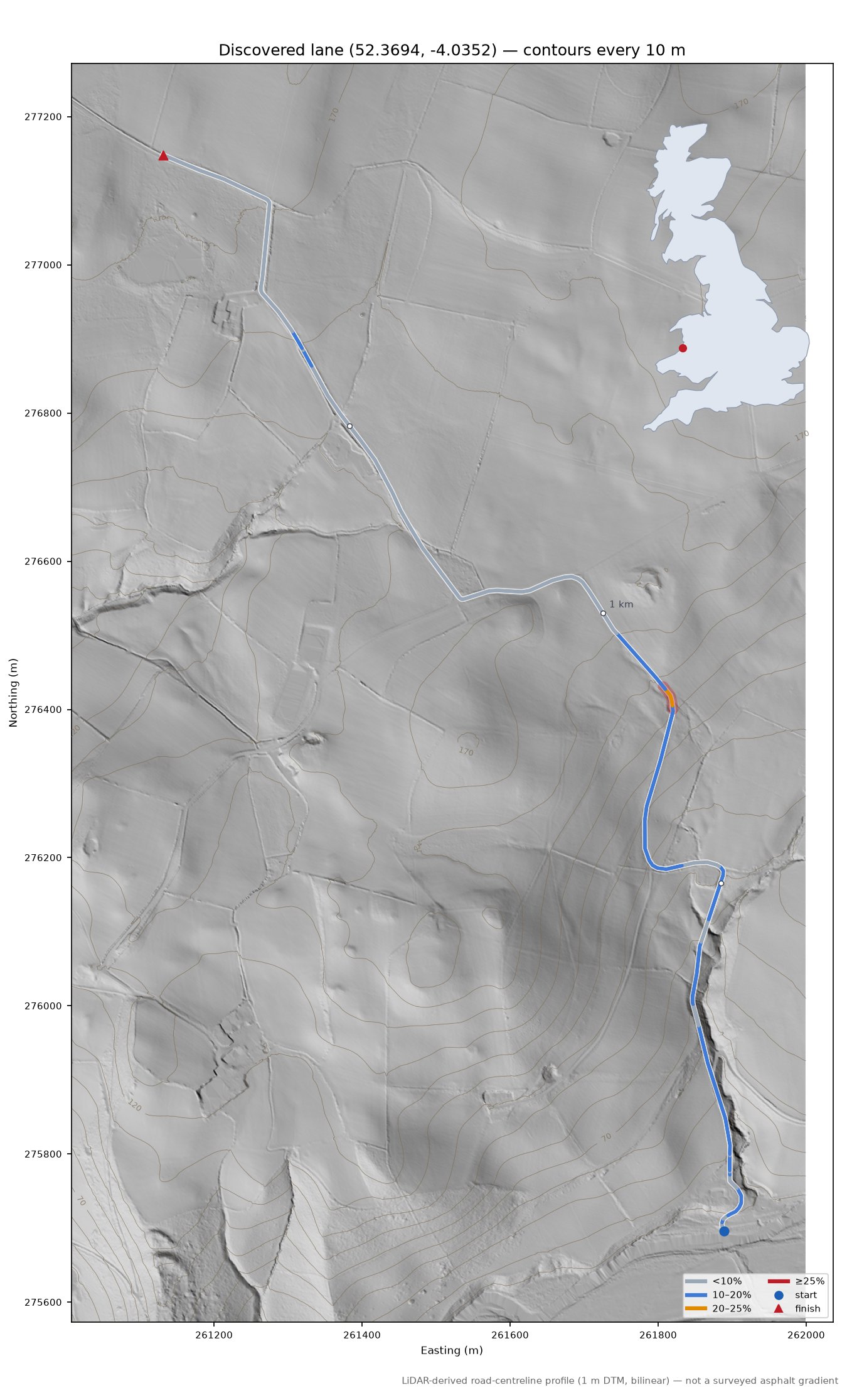 Discovered lane (52.3694, -4.0352) LiDAR hillshade map with contours