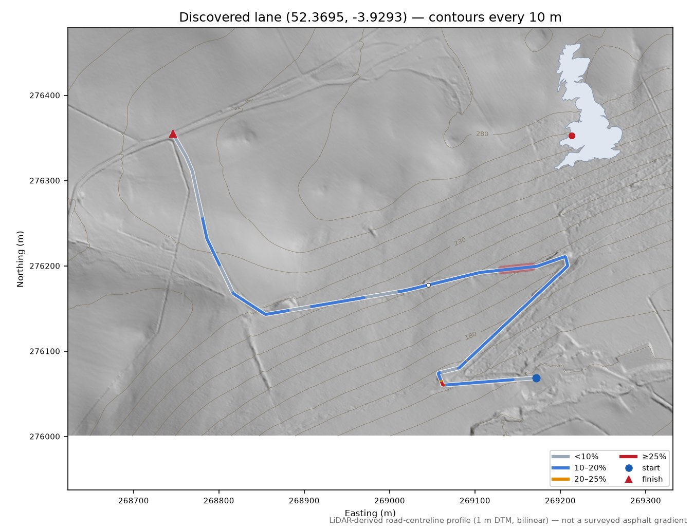 Discovered lane (52.3695, -3.9293) LiDAR hillshade map with contours