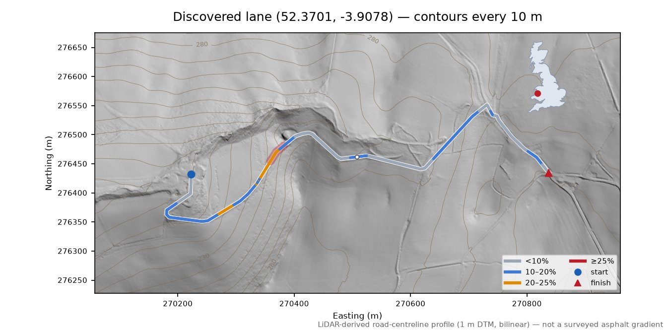 Discovered lane (52.3701, -3.9078) LiDAR hillshade map with contours