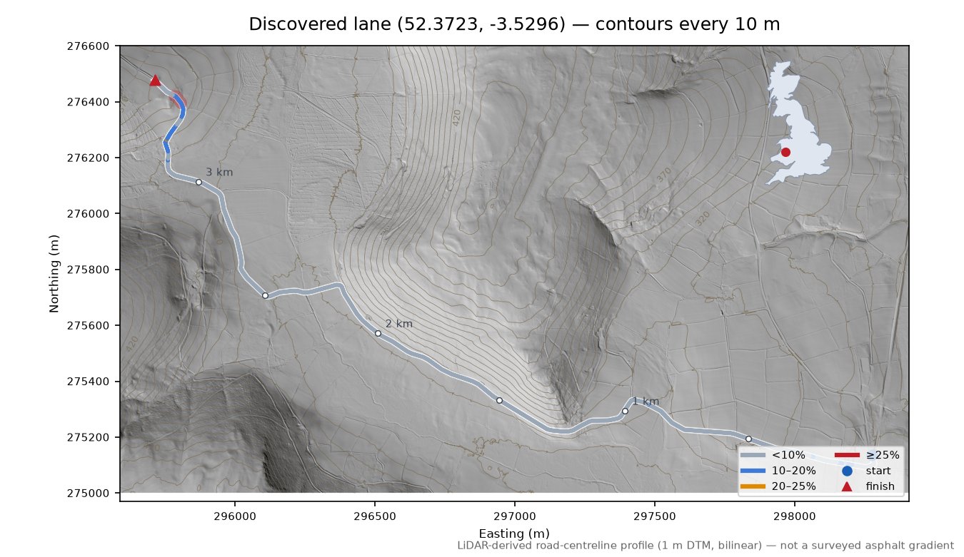Discovered lane (52.3723, -3.5296) LiDAR hillshade map with contours