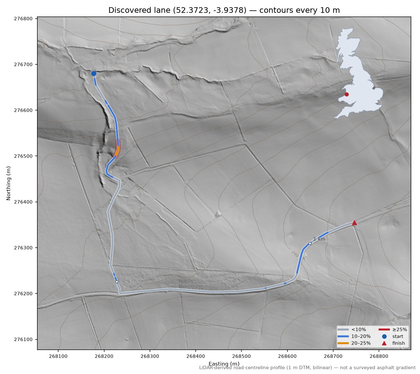 Discovered lane (52.3723, -3.9378) LiDAR hillshade map with contours
