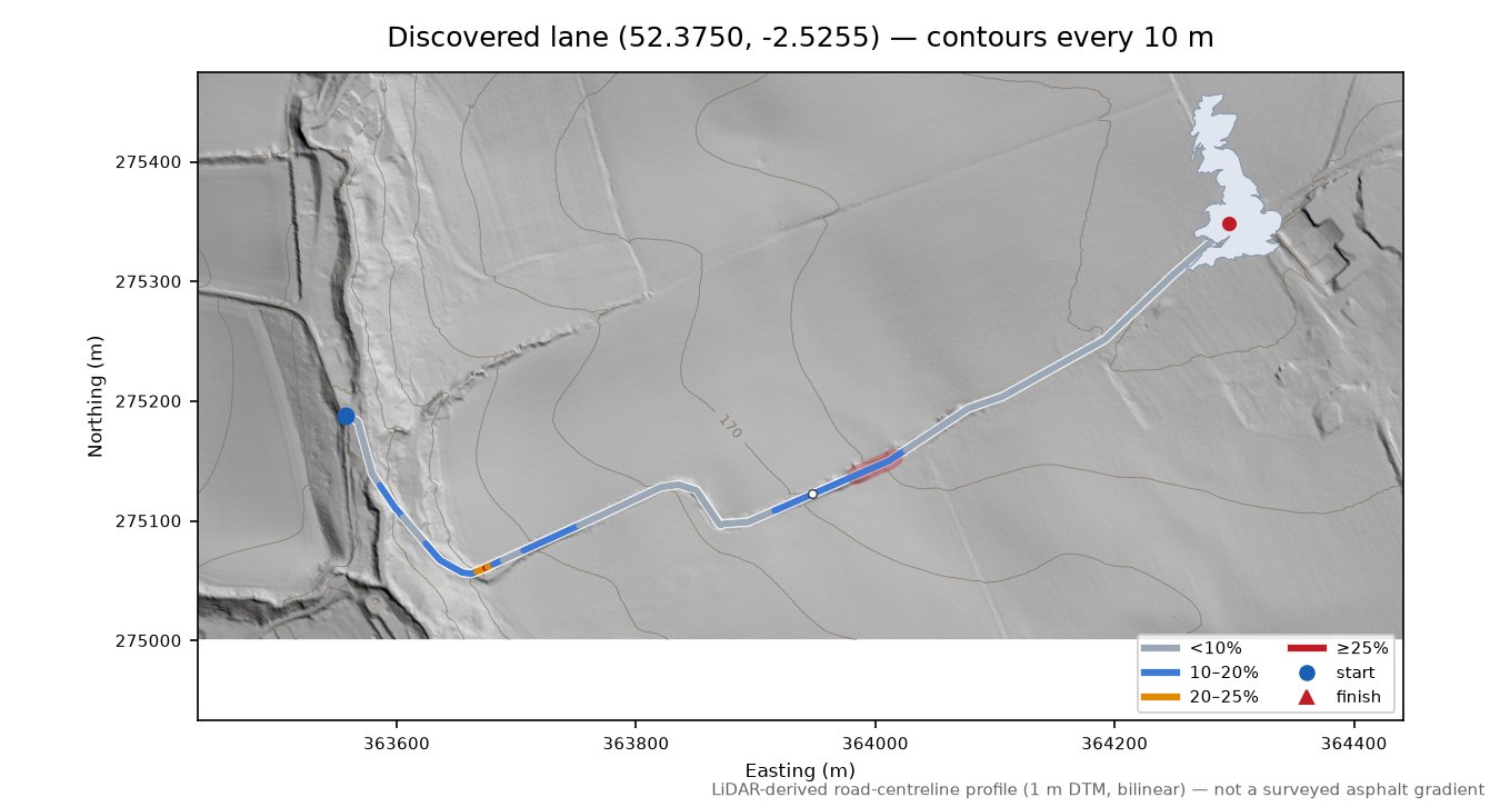 Discovered lane (52.3750, -2.5255) LiDAR hillshade map with contours