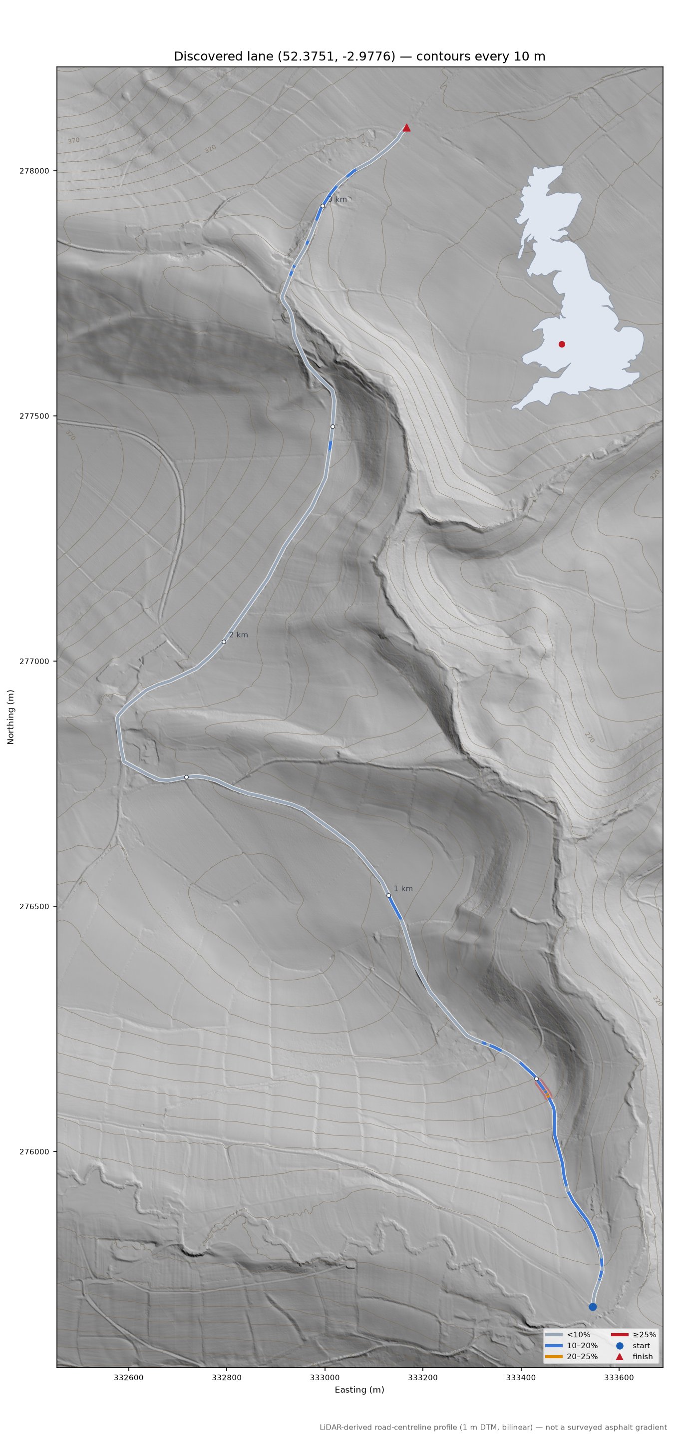 Discovered lane (52.3751, -2.9776) LiDAR hillshade map with contours