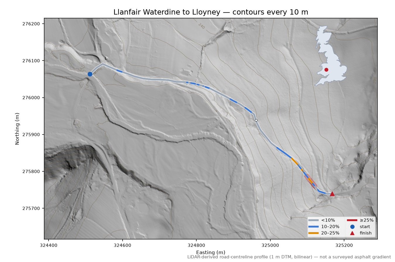 Llanfair Waterdine to Lloyney LiDAR hillshade map with contours