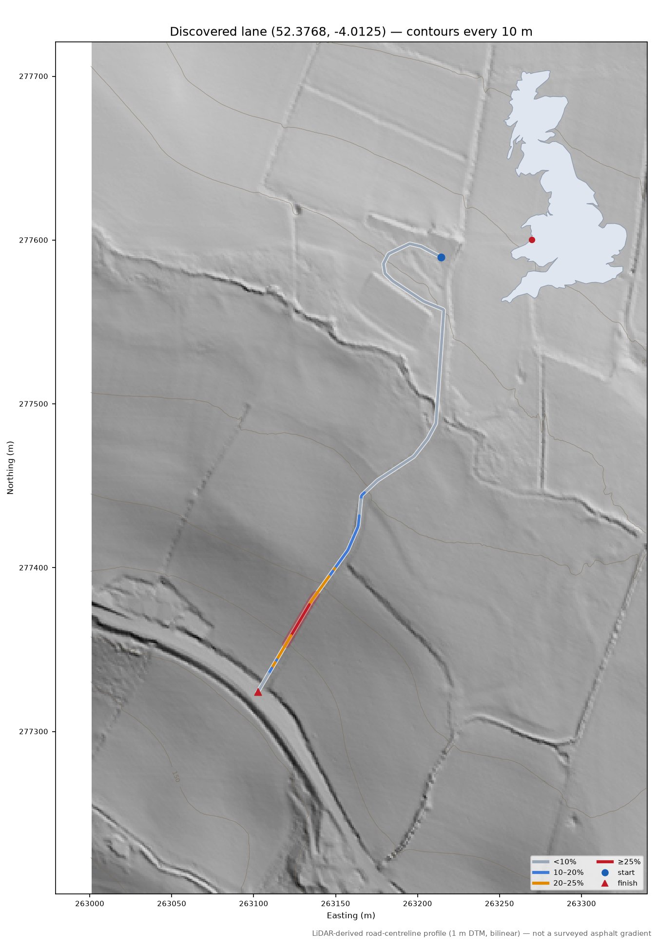 Discovered lane (52.3768, -4.0125) LiDAR hillshade map with contours
