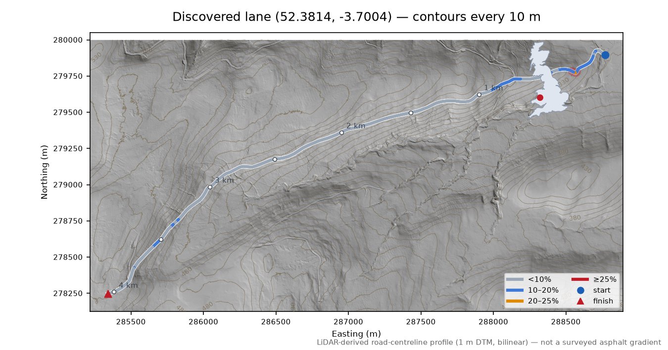 Discovered lane (52.3814, -3.7004) LiDAR hillshade map with contours