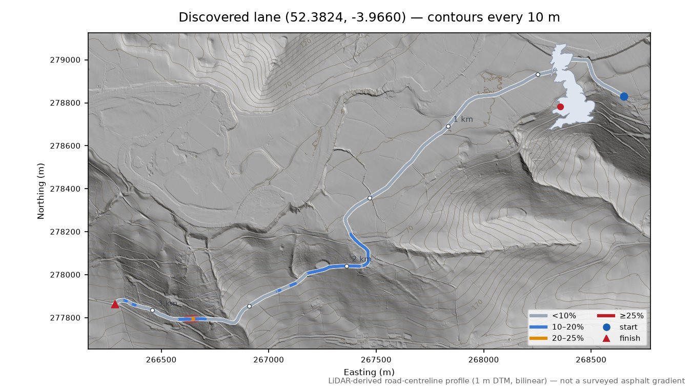 Discovered lane (52.3824, -3.9660) LiDAR hillshade map with contours