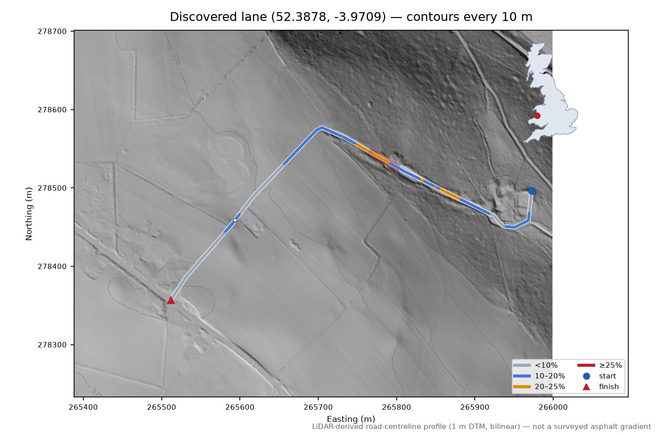 Discovered lane (52.3878, -3.9709) LiDAR hillshade map with contours
