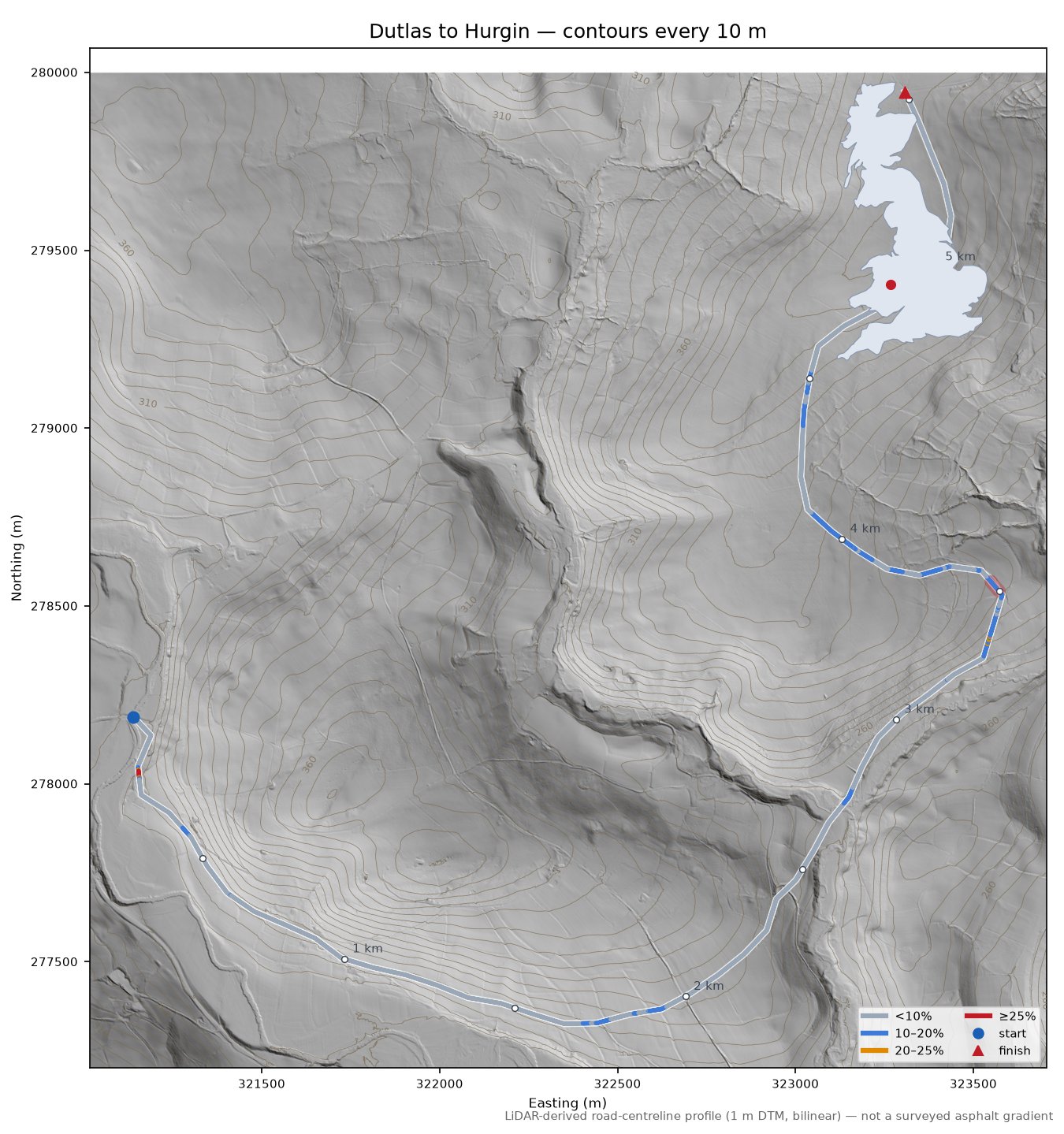 Dutlas to Hurgin LiDAR hillshade map with contours
