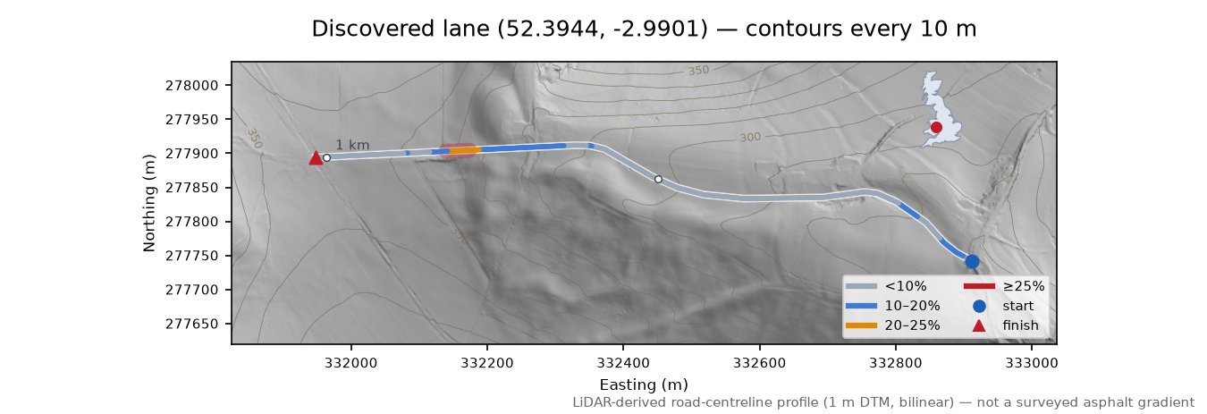 Discovered lane (52.3944, -2.9901) LiDAR hillshade map with contours