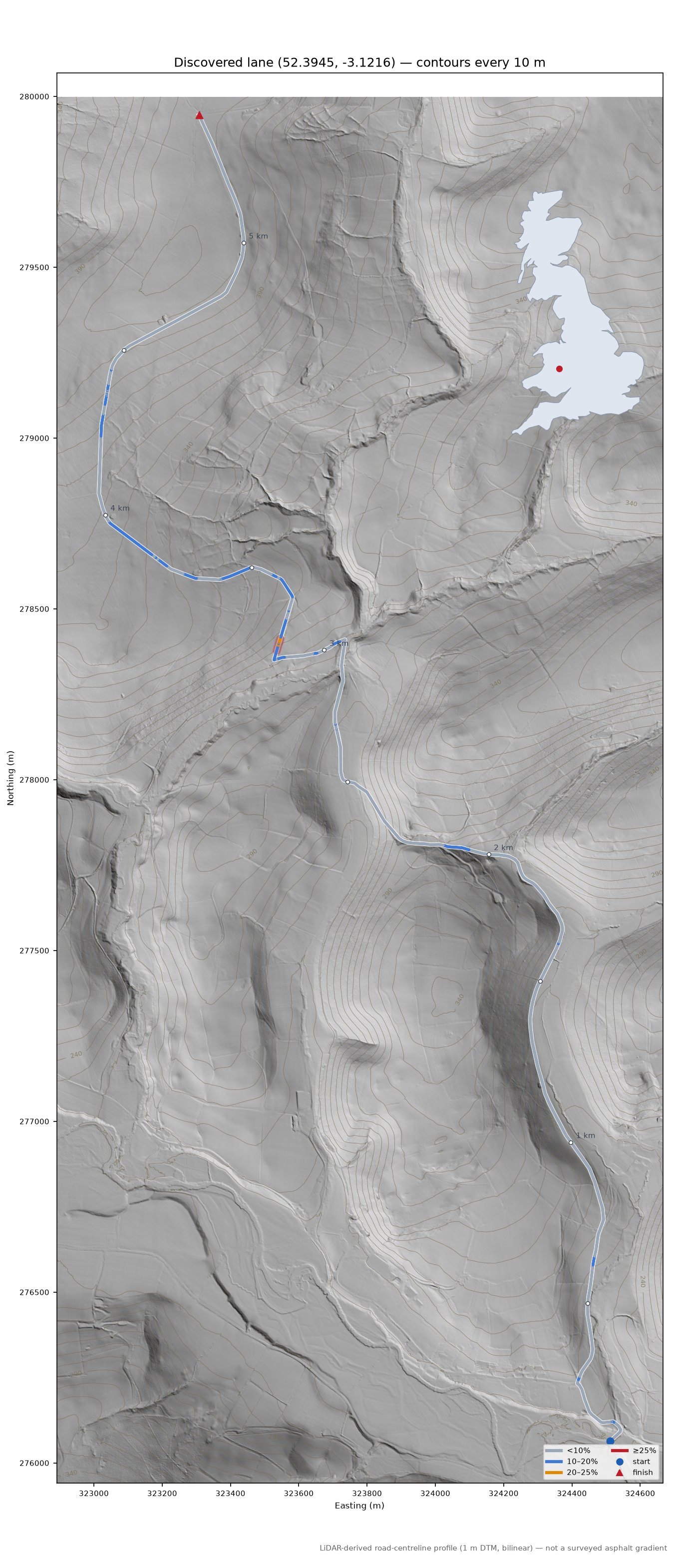 Discovered lane (52.3945, -3.1216) LiDAR hillshade map with contours