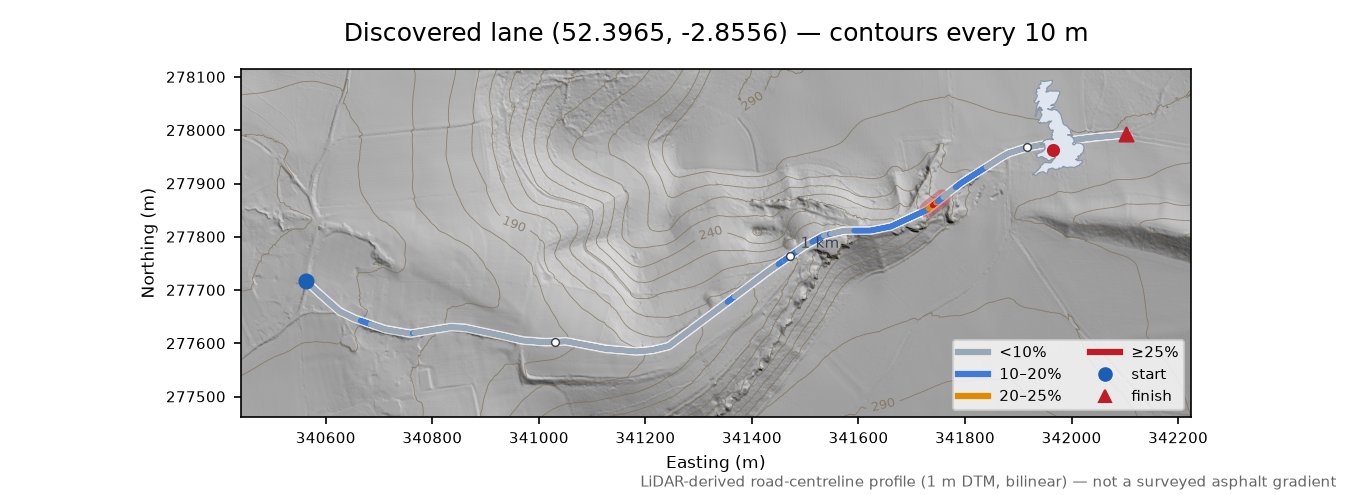 Discovered lane (52.3965, -2.8556) LiDAR hillshade map with contours