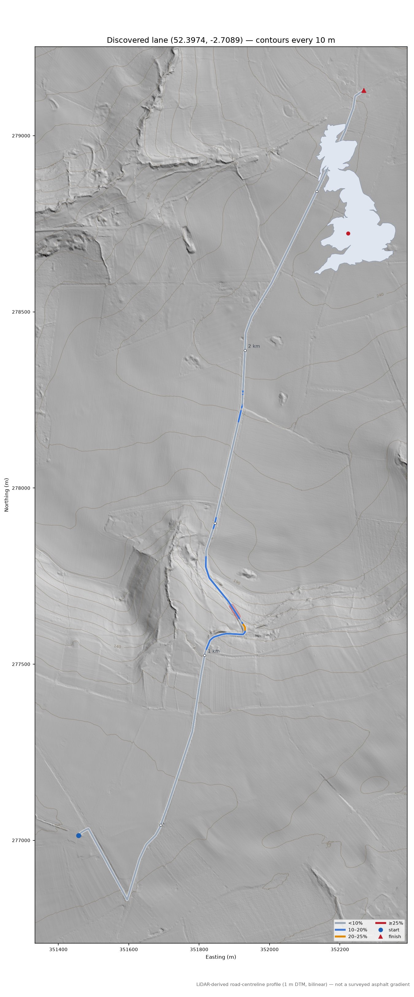 Discovered lane (52.3974, -2.7089) LiDAR hillshade map with contours