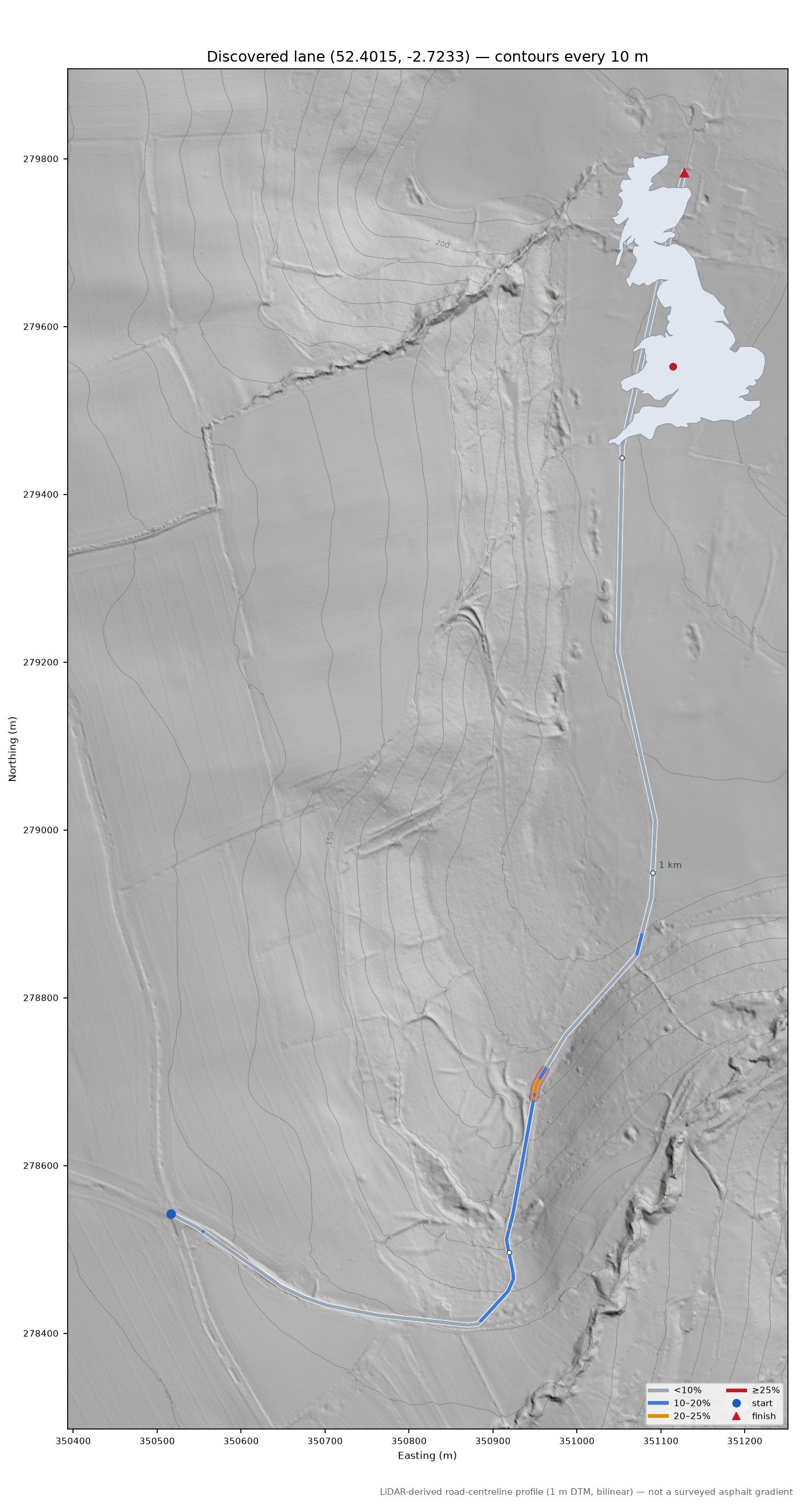Discovered lane (52.4015, -2.7233) LiDAR hillshade map with contours