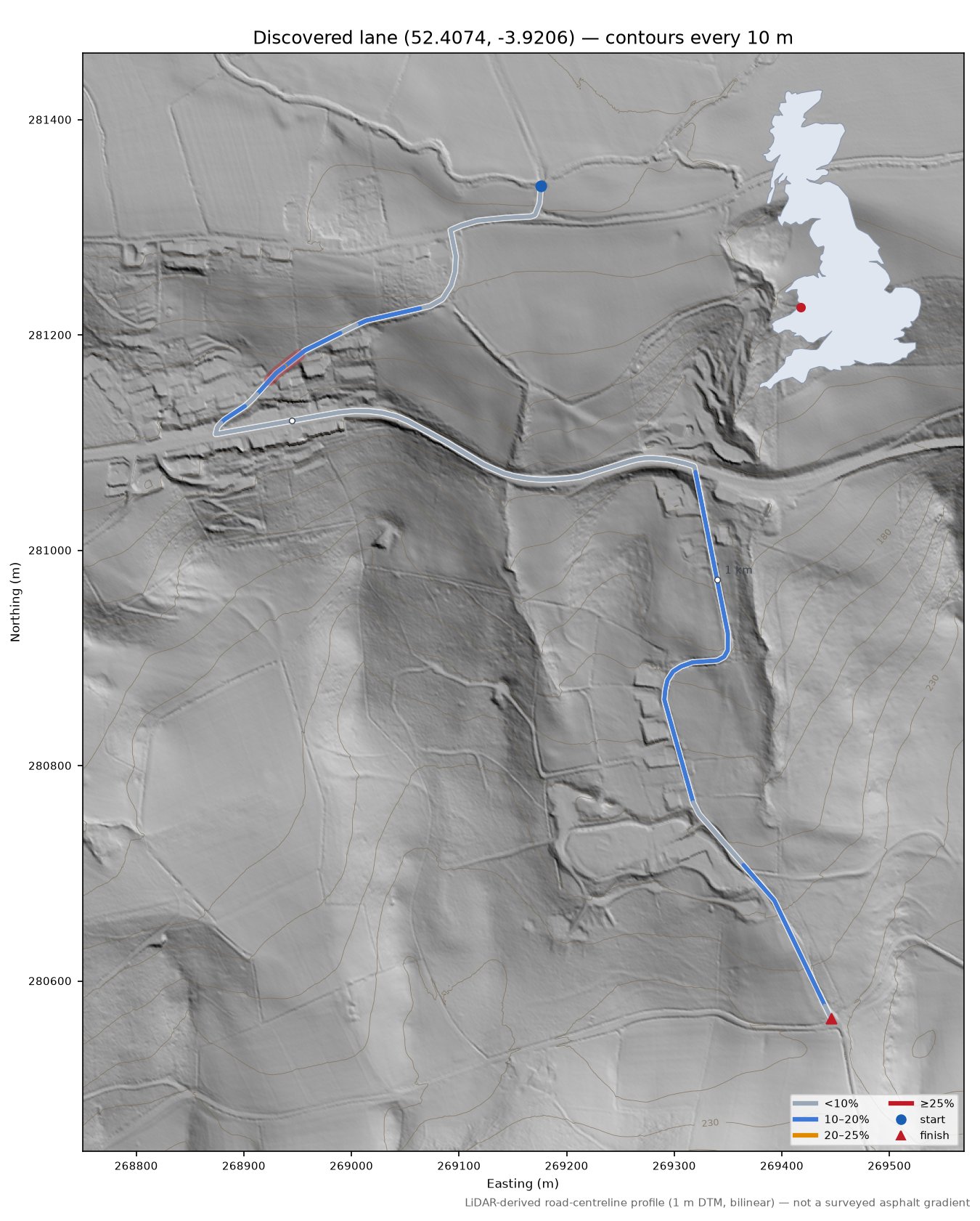 Discovered lane (52.4074, -3.9206) LiDAR hillshade map with contours