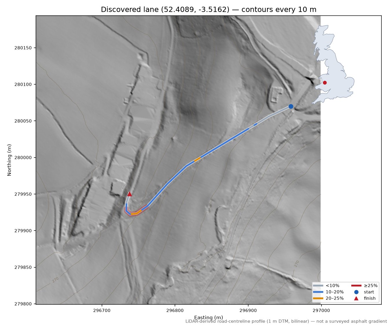 Discovered lane (52.4089, -3.5162) LiDAR hillshade map with contours