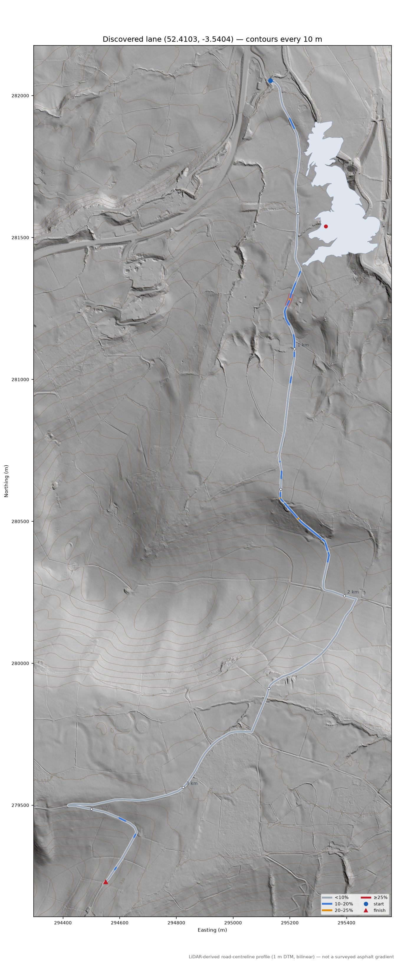 Discovered lane (52.4103, -3.5404) LiDAR hillshade map with contours