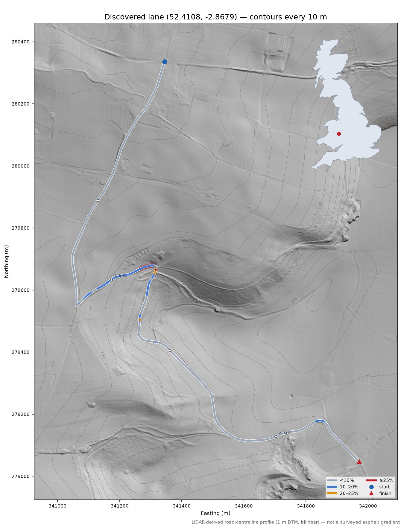 Discovered lane (52.4108, -2.8679) LiDAR hillshade map with contours
