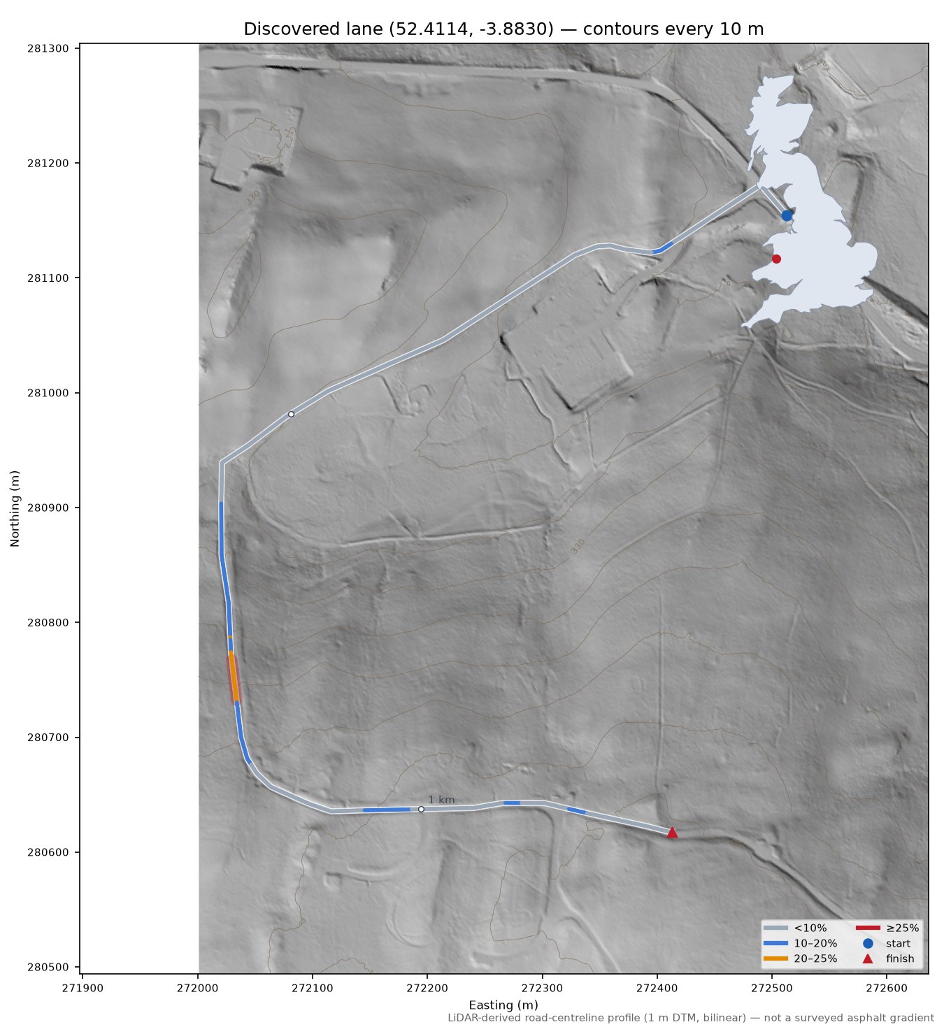 Discovered lane (52.4114, -3.8830) LiDAR hillshade map with contours