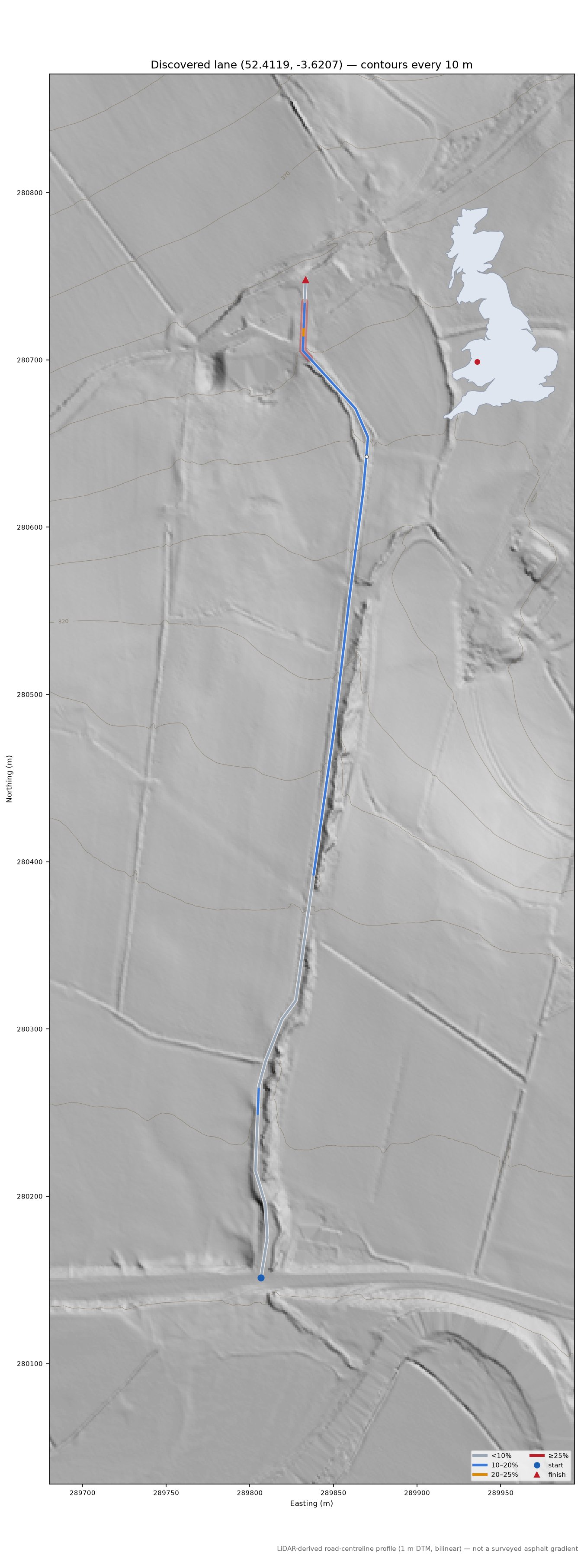 Discovered lane (52.4119, -3.6207) LiDAR hillshade map with contours