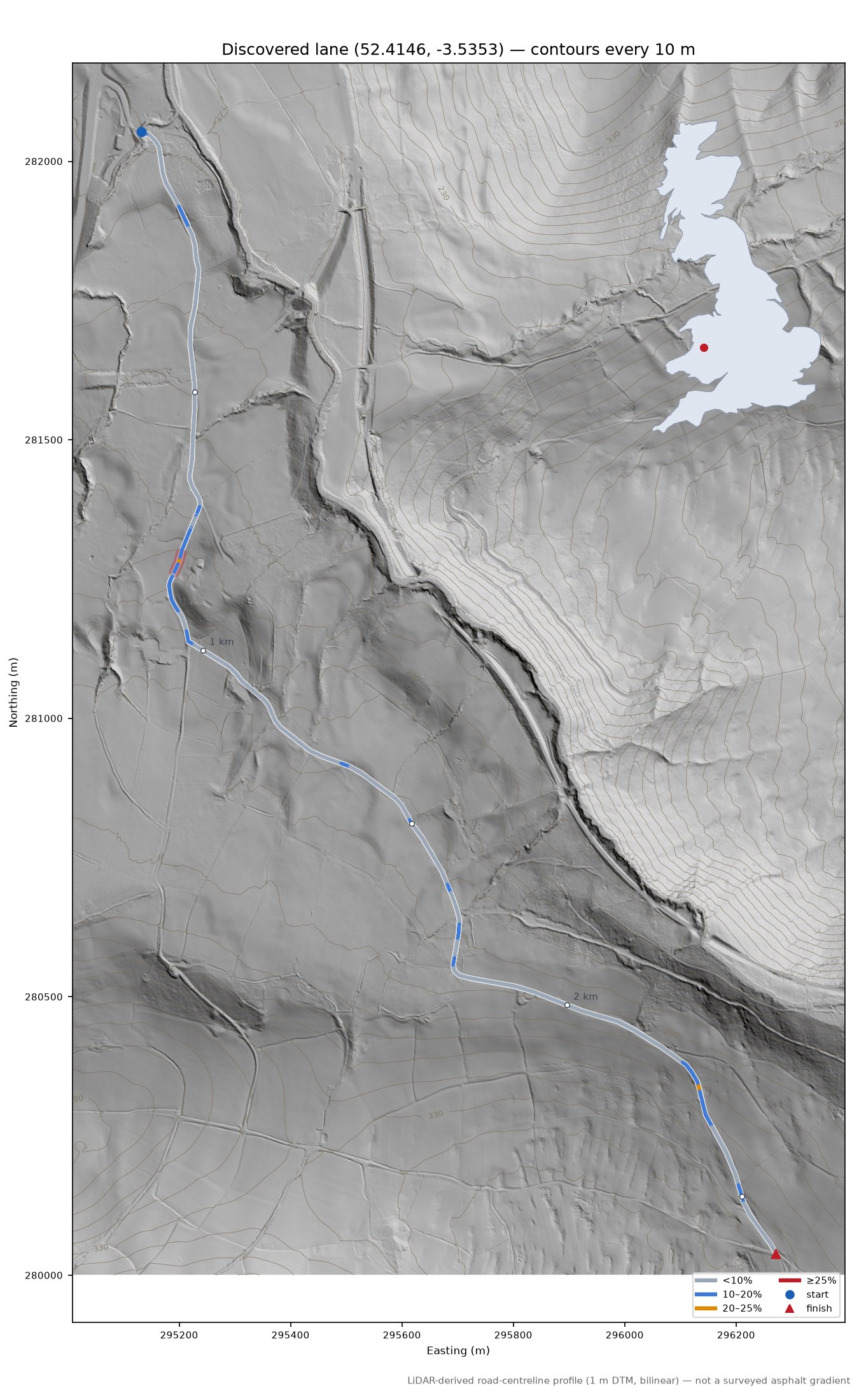 Discovered lane (52.4146, -3.5353) LiDAR hillshade map with contours