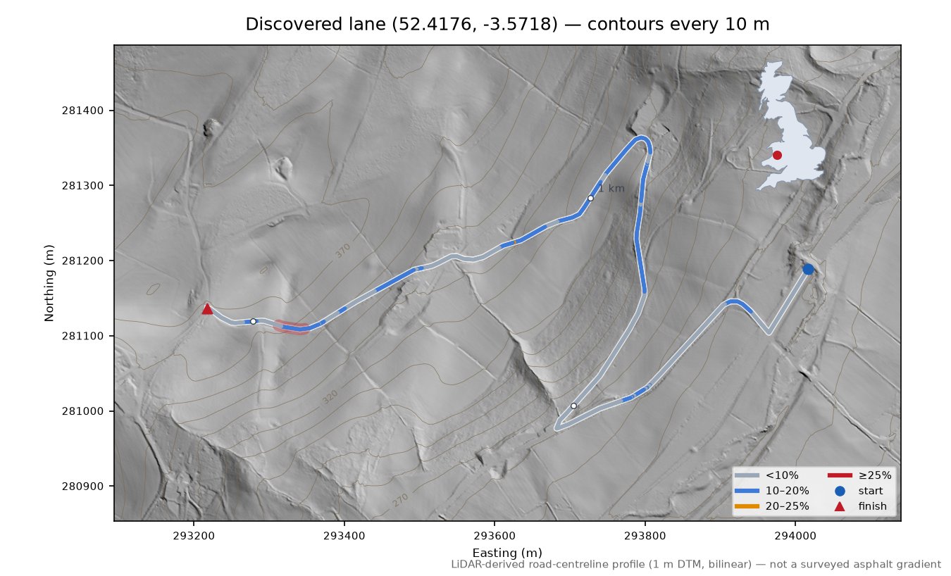 Discovered lane (52.4176, -3.5718) LiDAR hillshade map with contours