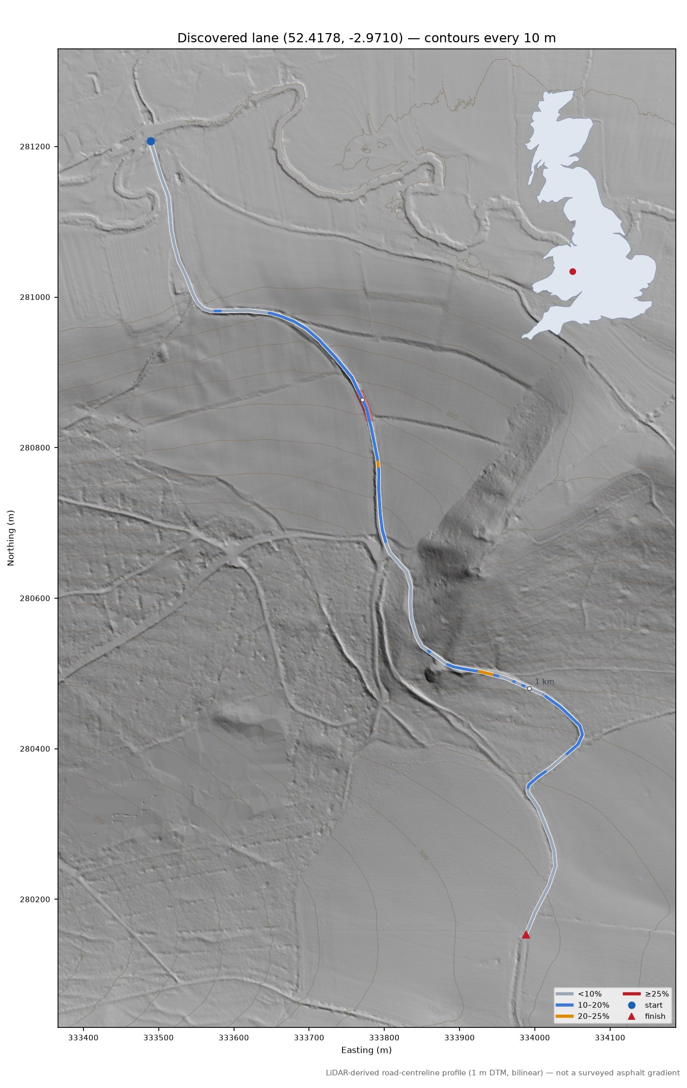 Discovered lane (52.4178, -2.9710) LiDAR hillshade map with contours
