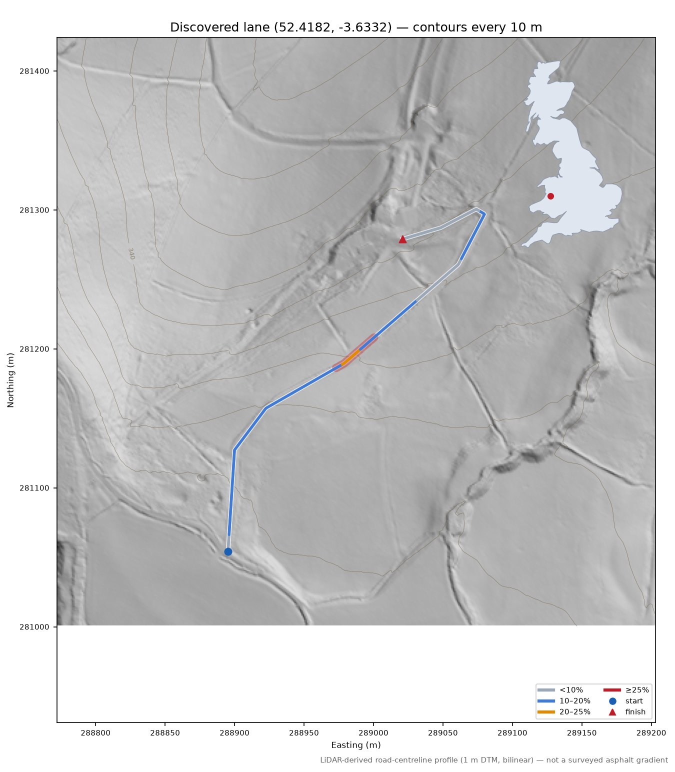 Discovered lane (52.4182, -3.6332) LiDAR hillshade map with contours