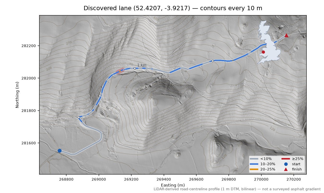 Discovered lane (52.4207, -3.9217) LiDAR hillshade map with contours