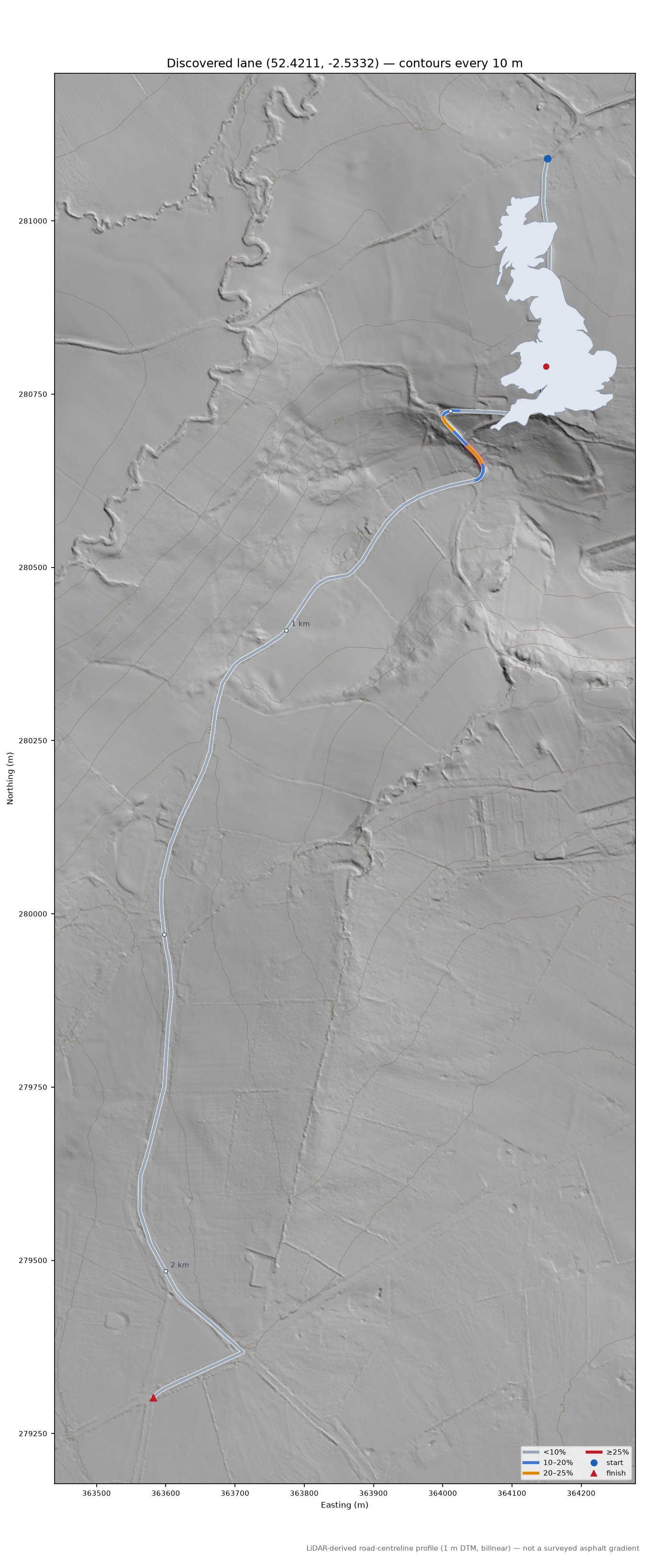 Discovered lane (52.4211, -2.5332) LiDAR hillshade map with contours
