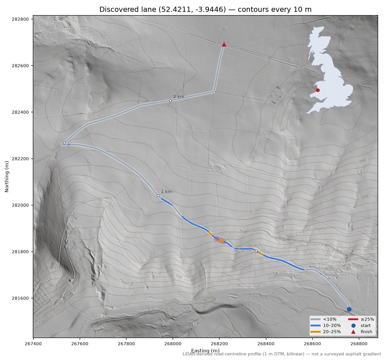 Discovered lane (52.4211, -3.9446) LiDAR hillshade map with contours