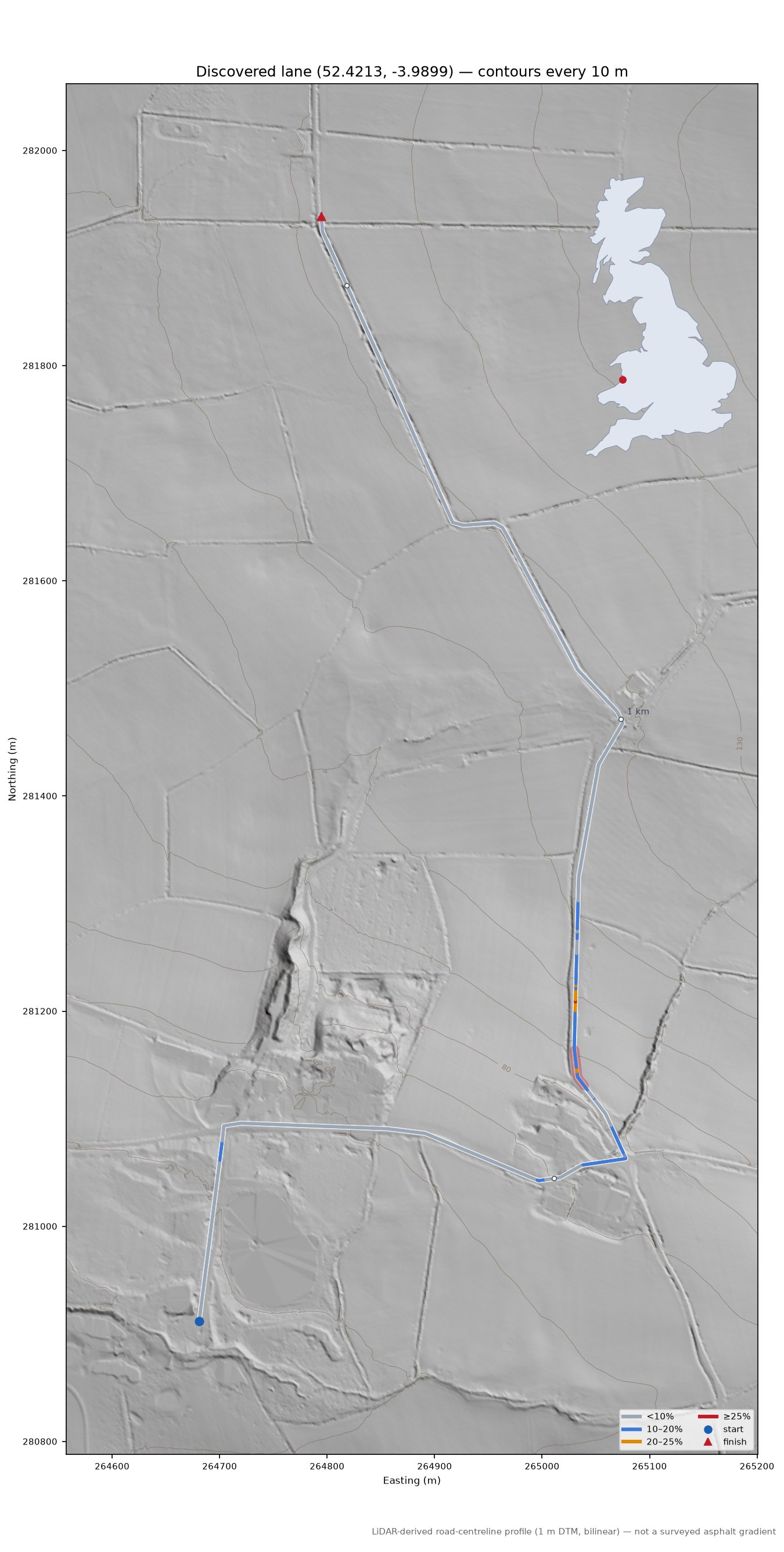 Discovered lane (52.4213, -3.9899) LiDAR hillshade map with contours