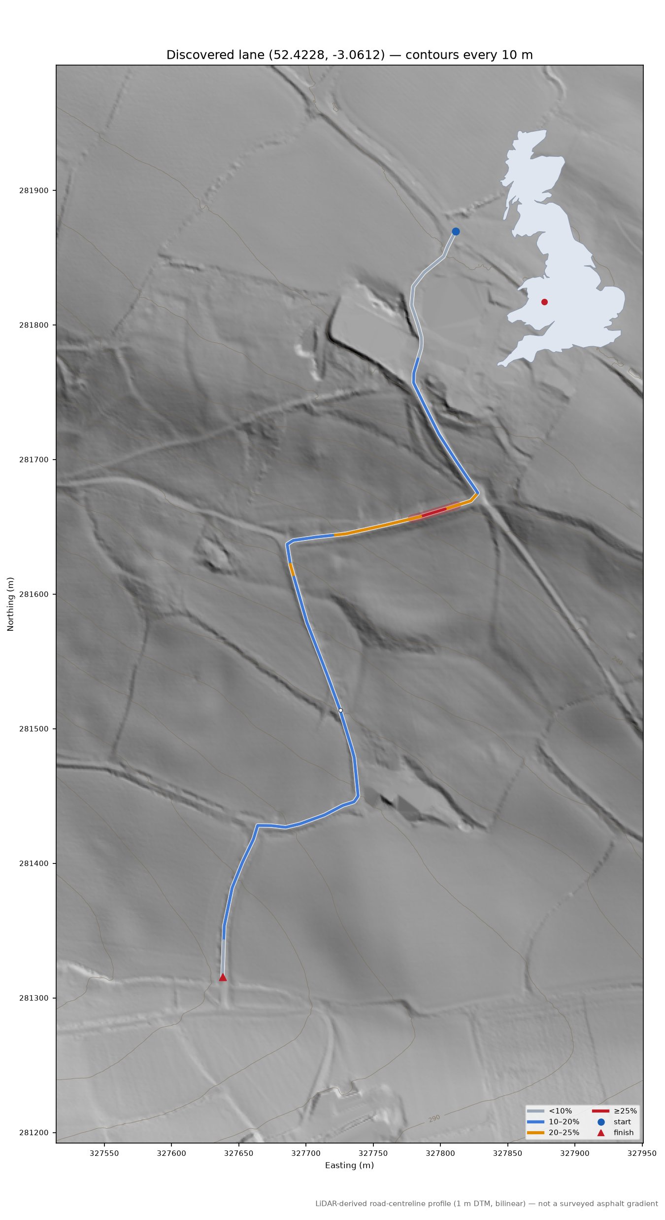 Discovered lane (52.4228, -3.0612) LiDAR hillshade map with contours