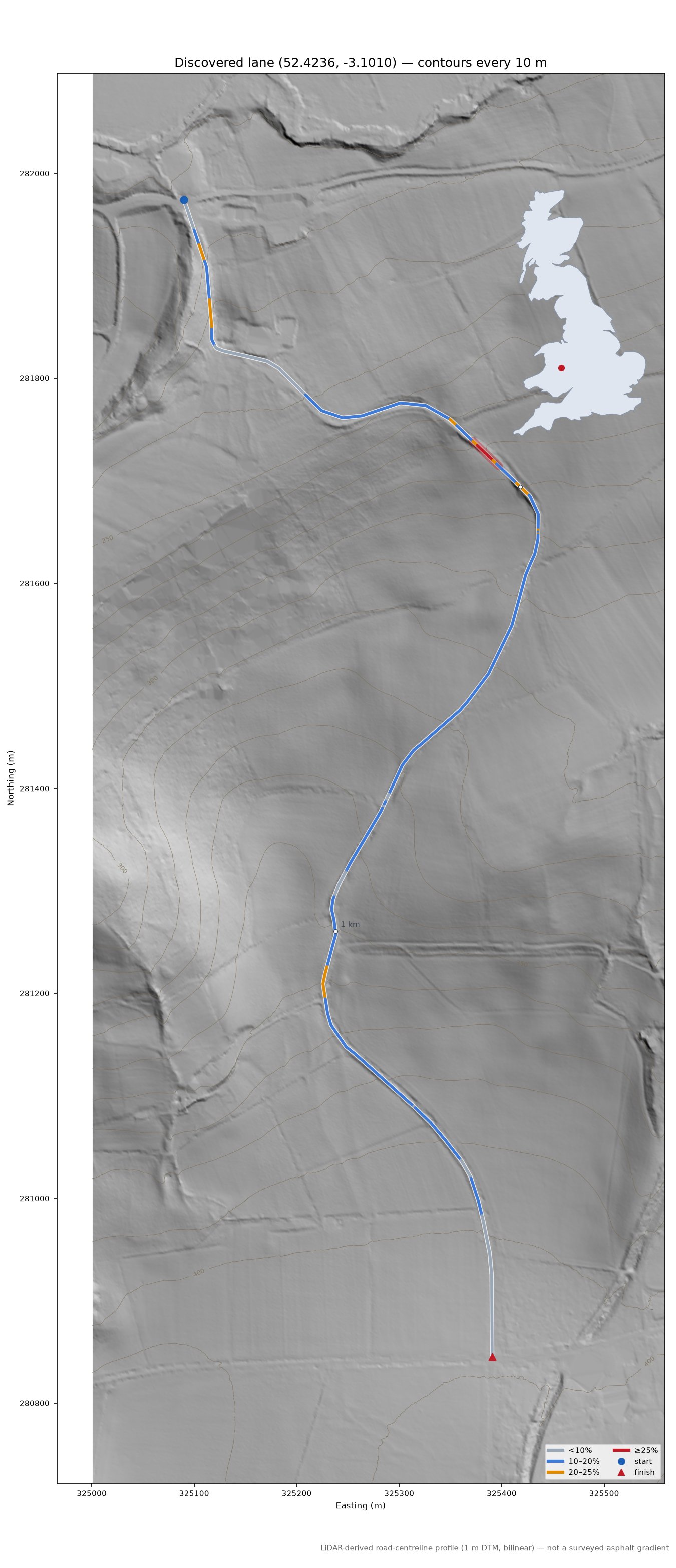 Discovered lane (52.4236, -3.1010) LiDAR hillshade map with contours