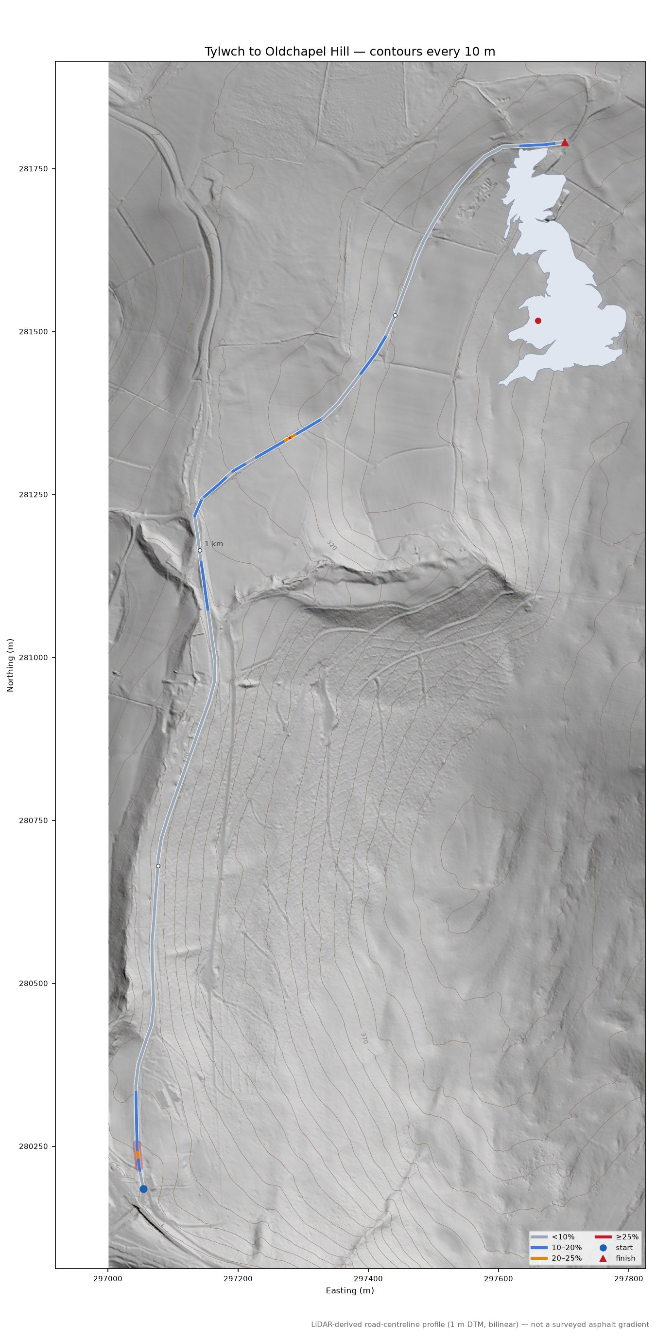 Tylwch to Oldchapel Hill LiDAR hillshade map with contours