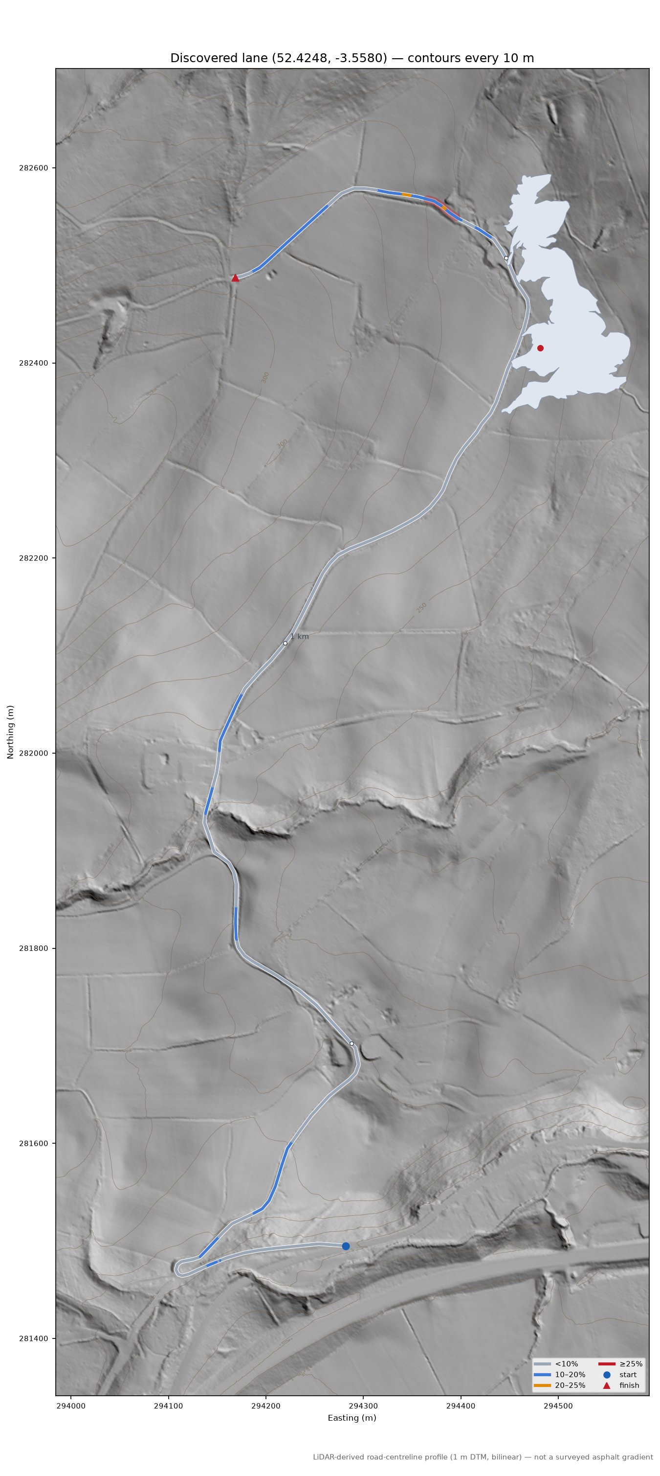 Discovered lane (52.4248, -3.5580) LiDAR hillshade map with contours