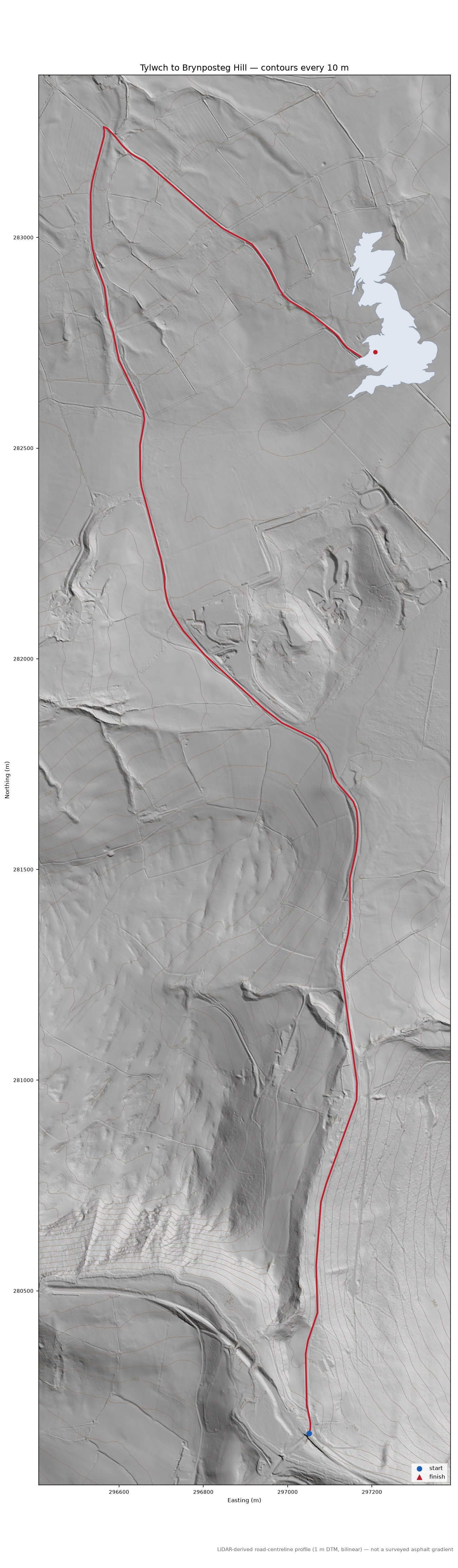 Tylwch to Brynposteg Hill LiDAR hillshade map with contours
