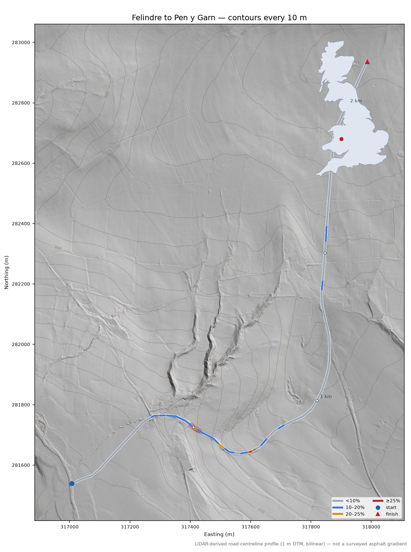 Felindre to Pen y Garn LiDAR hillshade map with contours