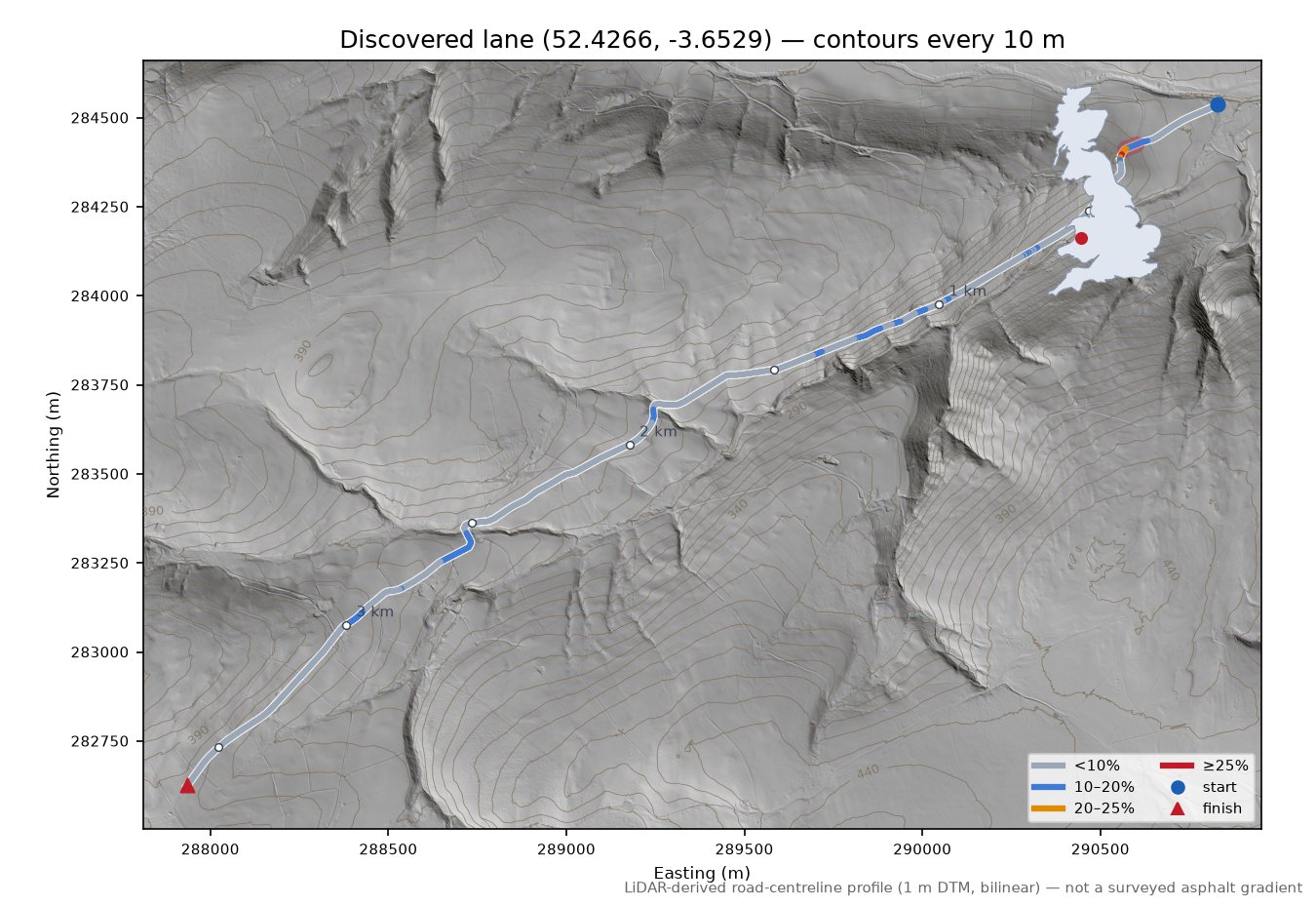 Discovered lane (52.4266, -3.6529) LiDAR hillshade map with contours