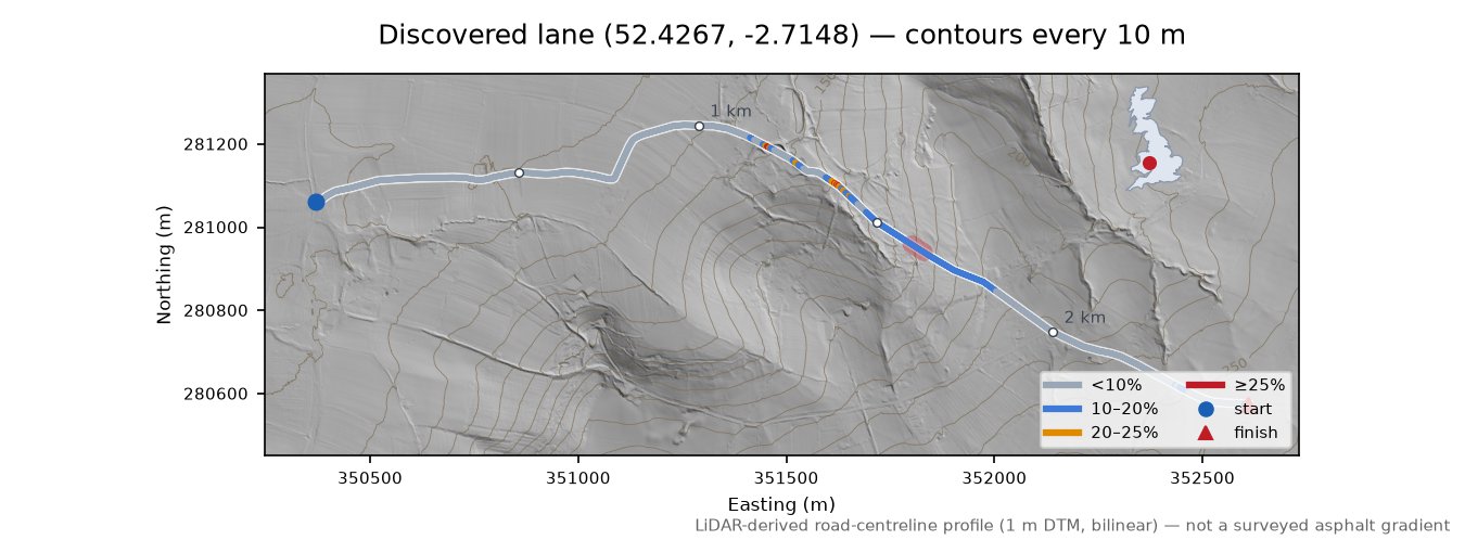 Discovered lane (52.4267, -2.7148) LiDAR hillshade map with contours