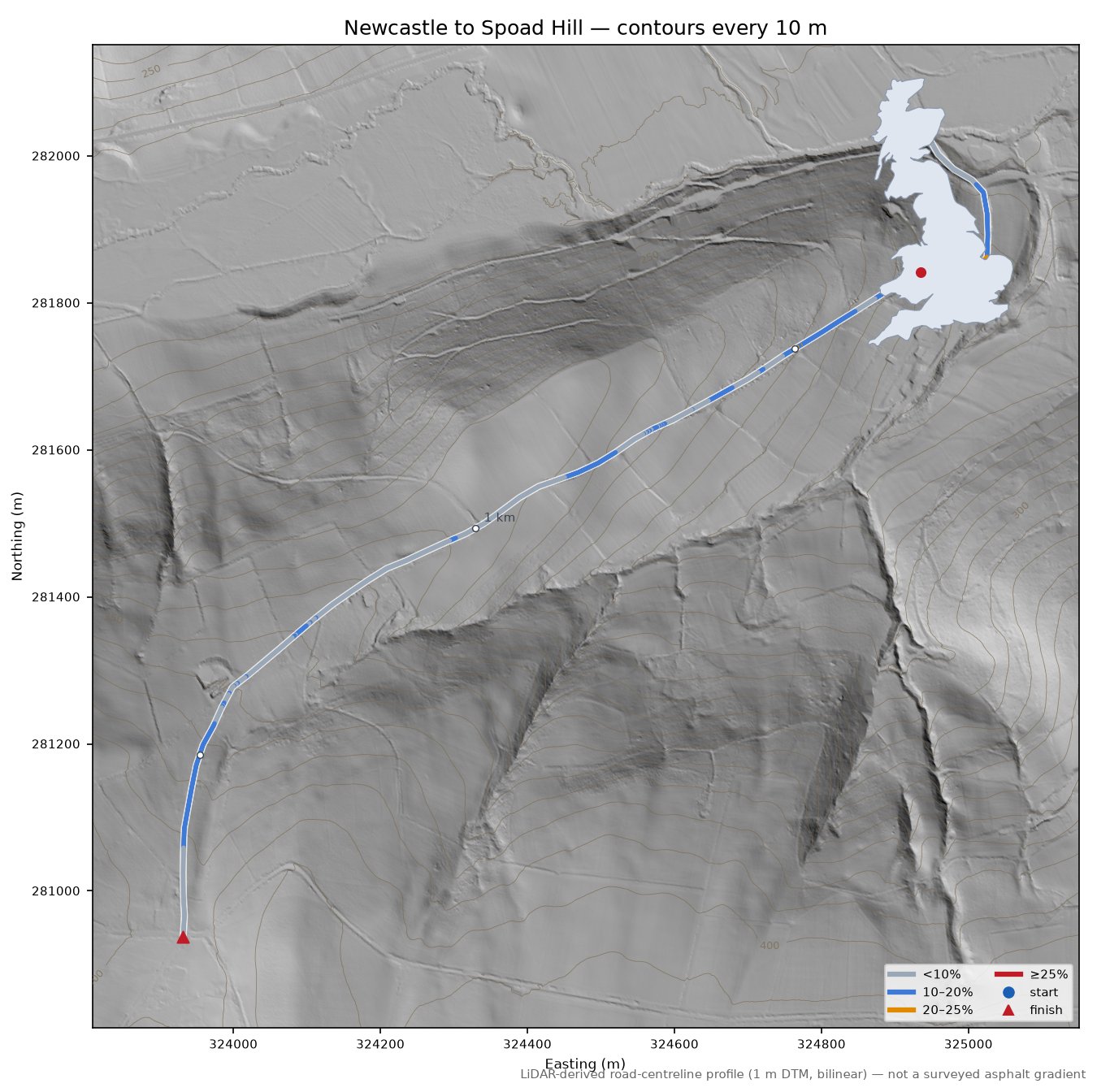 Newcastle to Spoad Hill LiDAR hillshade map with contours