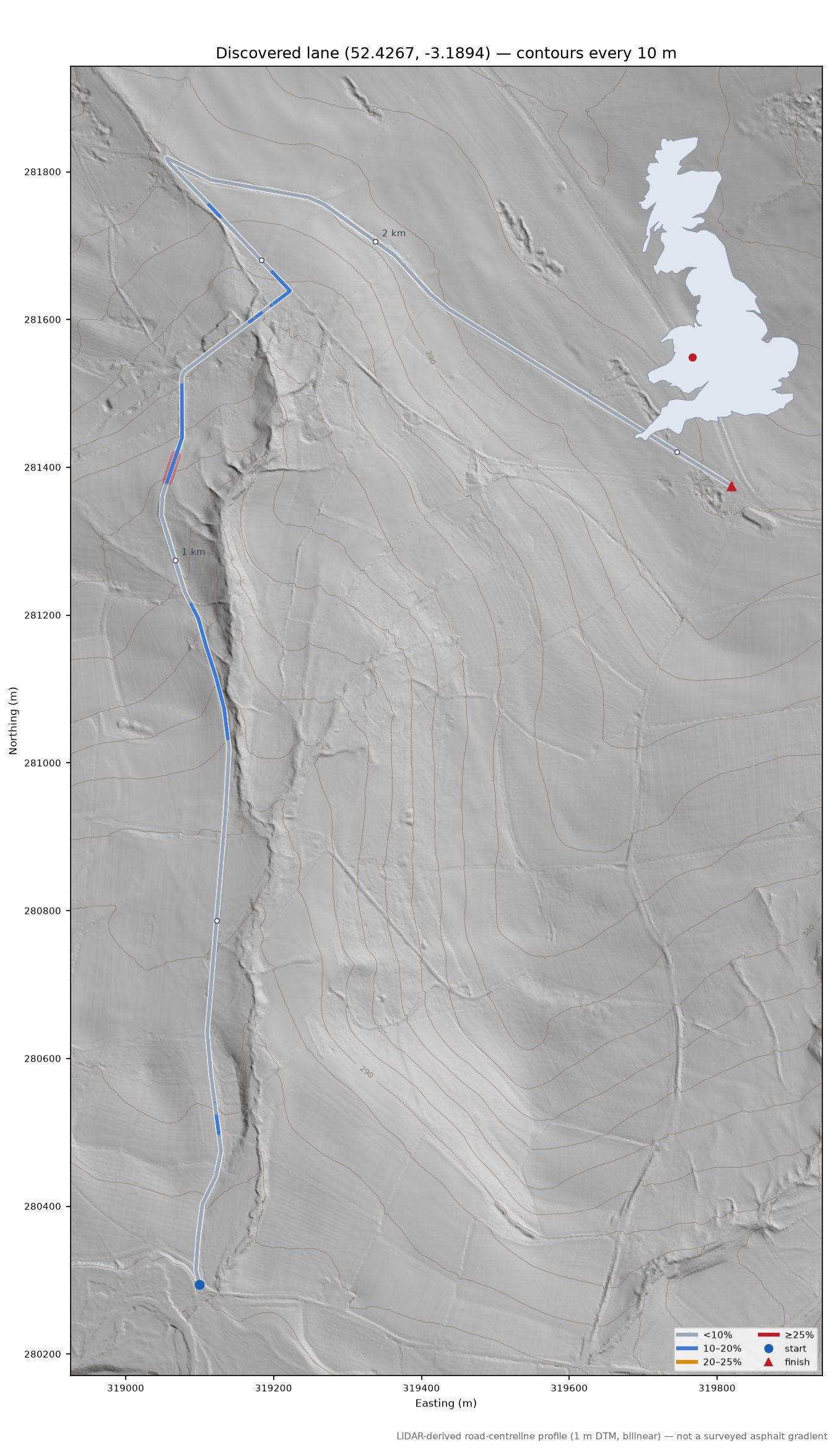 Discovered lane (52.4267, -3.1894) LiDAR hillshade map with contours