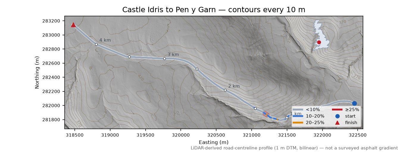 Castle Idris to Pen y Garn LiDAR hillshade map with contours