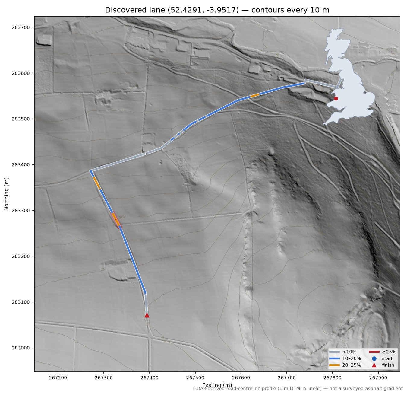 Discovered lane (52.4291, -3.9517) LiDAR hillshade map with contours