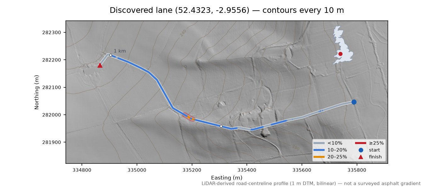 Discovered lane (52.4323, -2.9556) LiDAR hillshade map with contours