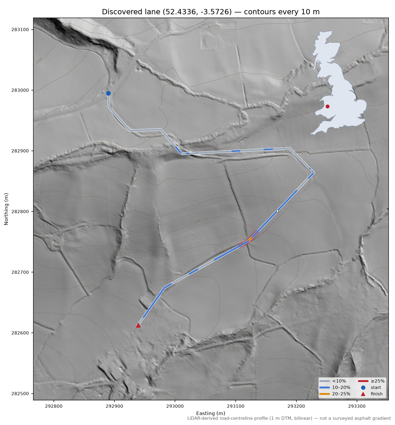 Discovered lane (52.4336, -3.5726) LiDAR hillshade map with contours