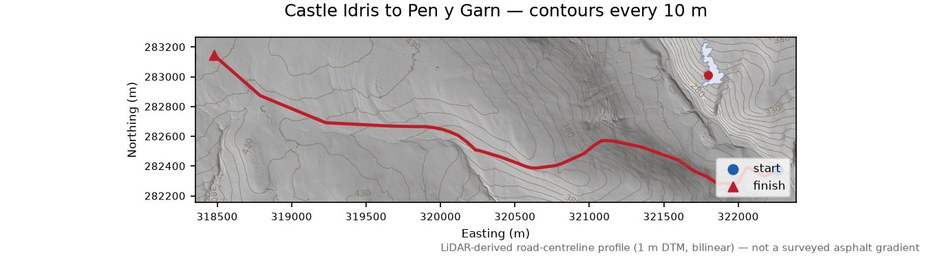 Castle Idris to Pen y Garn LiDAR hillshade map with contours