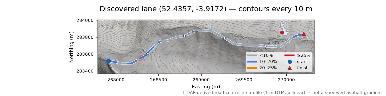 Discovered lane (52.4357, -3.9172) LiDAR hillshade map with contours